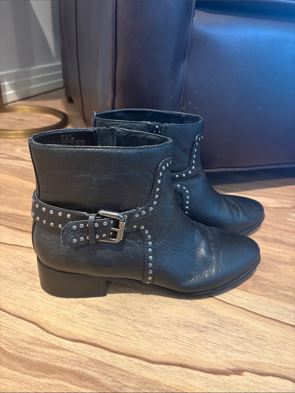 Pour La Victoire Black Leather Studded Ankle Booties with Buckle Detail